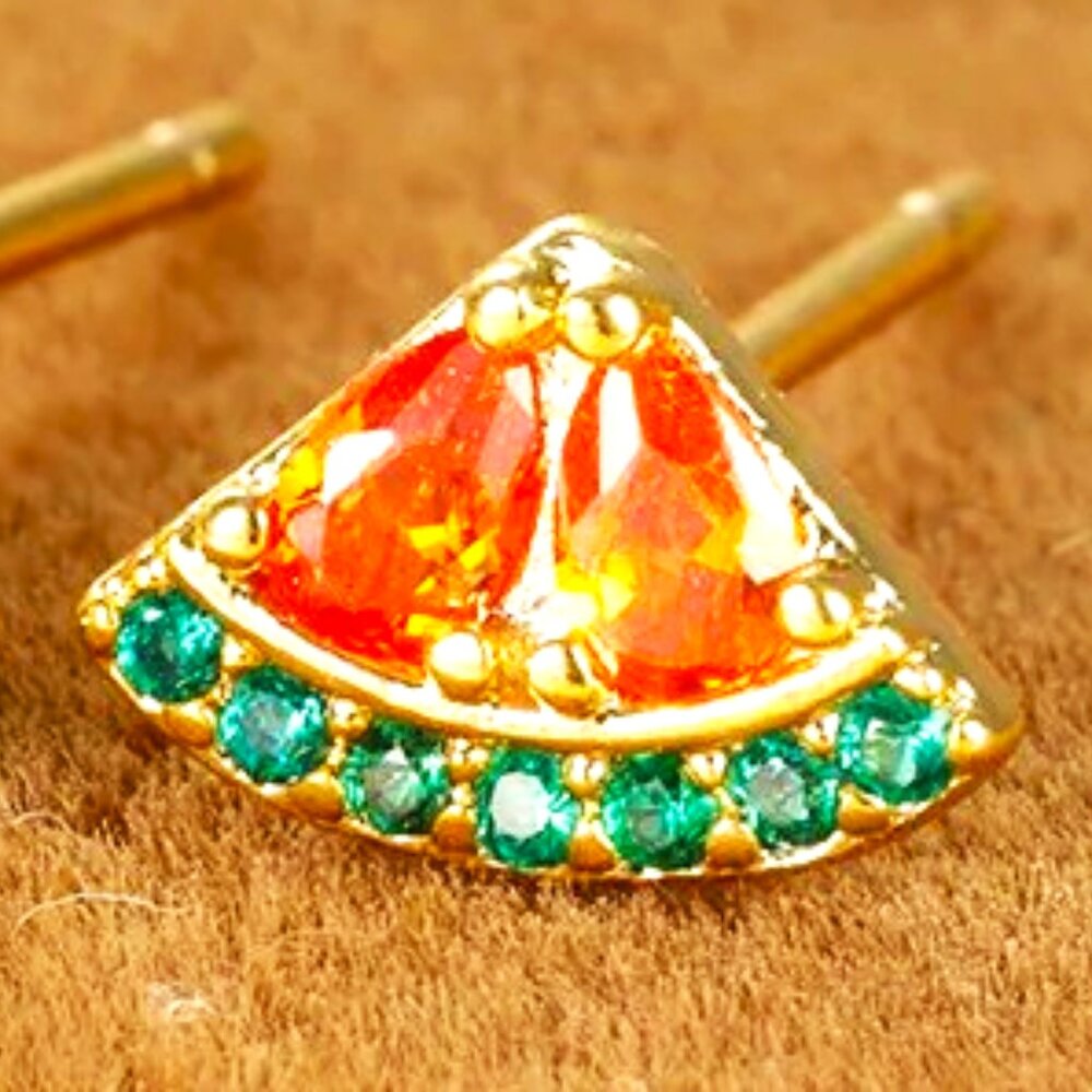 WATERMELON SLICES SET IN 18K GOLD DIP PINKY PEACH AND GREEN SLICES LOOK YUMMY!